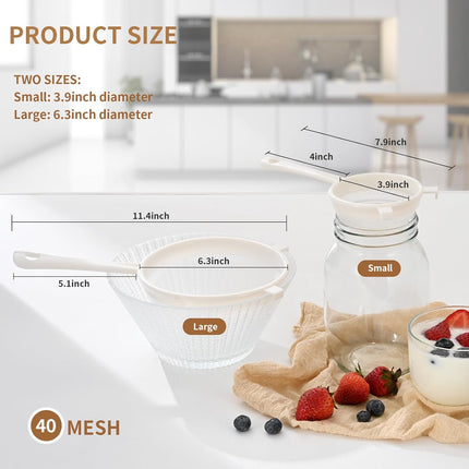 Kefir Strainer Set, 2-Size Plastic Non-Metal Sieve with Fine Mesh for Grains, Milk Kefir, Water & Kombucha - Durable, Food Grade Easy Clean White.