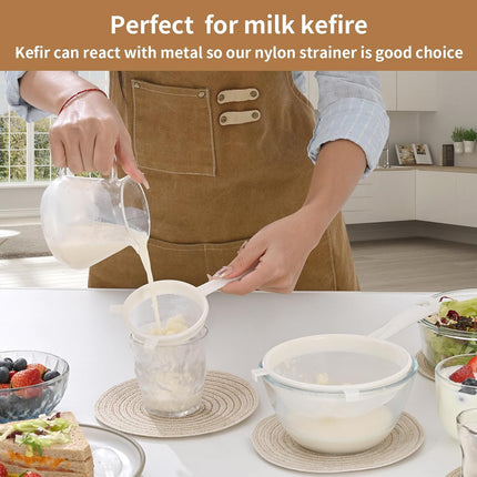 Kefir Strainer Set, 2-Size Plastic Non-Metal Sieve with Fine Mesh for Grains, Milk Kefir, Water & Kombucha - Durable, Food Grade Easy Clean White.