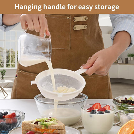 Kefir Strainer Set, 2-Size Plastic Non-Metal Sieve with Fine Mesh for Grains, Milk Kefir, Water & Kombucha - Durable, Food Grade Easy Clean White.