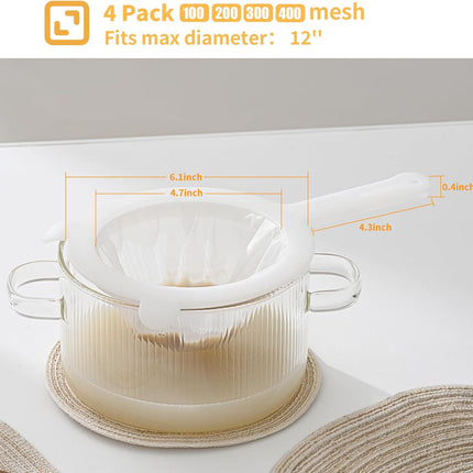 Premium Multi-Mesh Strainer Set, 4 Pack - 100/200/300/400 Mesh, Nylon & Plastic Fine Mesh Sieve for Tea, Coffe, Nut Milk, Juice, Broth, Smoothies, Reusable Easy to Clean, Durable,Dishwarer Safe.
