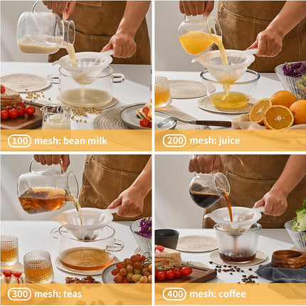 Premium Multi-Mesh Strainer Set, 4 Pack - 100/200/300/400 Mesh, Nylon & Plastic Fine Mesh Sieve for Tea, Coffe, Nut Milk, Juice, Broth, Smoothies, Reusable Easy to Clean, Durable,Dishwarer Safe.