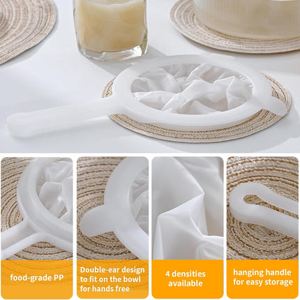 Premium Multi-Mesh Strainer Set, 4 Pack - 100/200/300/400 Mesh, Nylon & Plastic Fine Mesh Sieve for Tea, Coffe, Nut Milk, Juice, Broth, Smoothies, Reusable Easy to Clean, Durable,Dishwarer Safe.