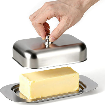 Stainless Steel Butter Dish with Lid and Handle, 7.5" x 5", Keeps Fresh, Fits Standard Sticks.