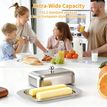 Stainless Steel Butter Dish with Lid and Handle, 7.5" x 5", Keeps Fresh, Fits Standard Sticks.