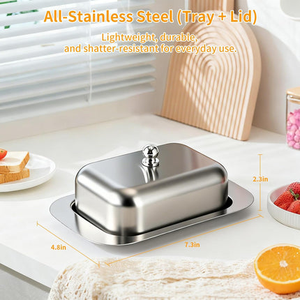 Stainless Steel Butter Dish with Lid and Handle, 7.5" x 5", Keeps Fresh, Fits Standard Sticks.