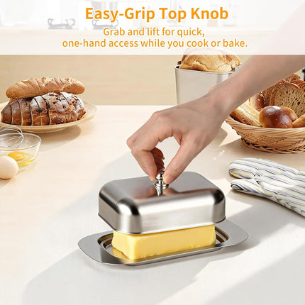 Stainless Steel Butter Dish with Lid and Handle, 7.5" x 5", Keeps Fresh, Fits Standard Sticks.