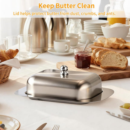 Stainless Steel Butter Dish with Lid and Handle, 7.5" x 5", Keeps Fresh, Fits Standard Sticks.