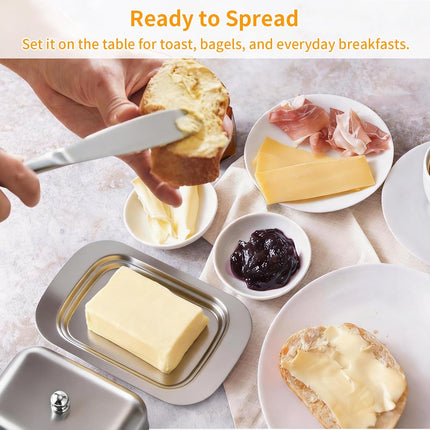 Stainless Steel Butter Dish with Lid and Handle, 7.5" x 5", Keeps Fresh, Fits Standard Sticks.