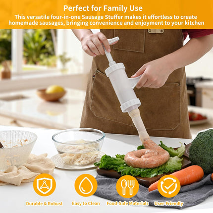 Manual Sausage Stuffer with 4 Stuffing Tubes, BPA-Free Plastic Meat Filler, 12/15/20/24mm Tubes for Natural, Collagen Casings, DIY Hot Dogs, Bratwursts.