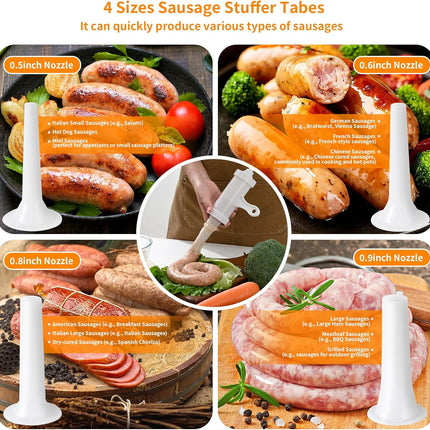 Manual Sausage Stuffer with 4 Stuffing Tubes, BPA-Free Plastic Meat Filler, 12/15/20/24mm Tubes for Natural, Collagen Casings, DIY Hot Dogs, Bratwursts.