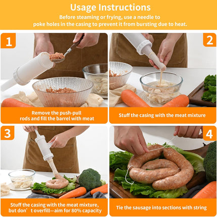 Manual Sausage Stuffer with 4 Stuffing Tubes, BPA-Free Plastic Meat Filler, 12/15/20/24mm Tubes for Natural, Collagen Casings, DIY Hot Dogs, Bratwursts.