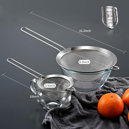 Premium 304 Stainless Steel Fine Mesh Strainer – Multi-Use Colander, Sieve, and Filter for Rice, Juice, Quinoa, Flour, Baking, Cooking, Meal Prep Durable, Easy-to-Clean Kitchen Tool  7.1 in + 3.9.