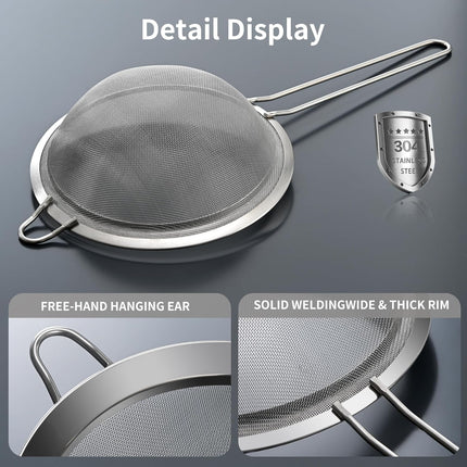 Premium 304 Stainless Steel Fine Mesh Strainer – Multi-Use Colander, Sieve, and Filter for Rice, Juice, Quinoa, Flour, Baking, Cooking, Meal Prep Durable, Easy-to-Clean Kitchen Tool  7.1 in + 3.9.