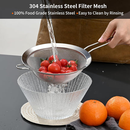 Premium 304 Stainless Steel Fine Mesh Strainer – Multi-Use Colander, Sieve, and Filter for Rice, Juice, Quinoa, Flour, Baking, Cooking, Meal Prep Durable, Easy-to-Clean Kitchen Tool  7.1 in + 3.9.