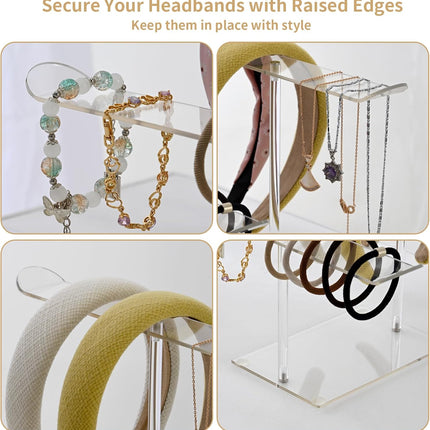 Petluno Double-Tier Clear Acrylic Headband Holder Stand - Elegant Display for 20+ Hair Bands, Accessories Organizer Bedroom, Vanity & Salon Space-Saving, Durable Stylish.