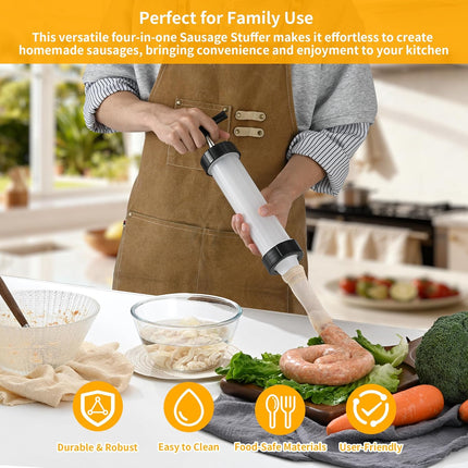 Manual Sausage Stuffer, Black, BPA-Free, Handheld with 4 Stuffing Tubes, for Hot Dogs and Bratwurst.
