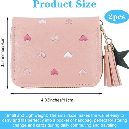 2 PCS Wallets for Girls, Small PU Leather Girls Wallets for Kids 6-8 with Zipper and Card Slots, Cute Credit Card Holder with Heart-embroidery Star Tassels Pendant for Kids Women (Blue, Pink).