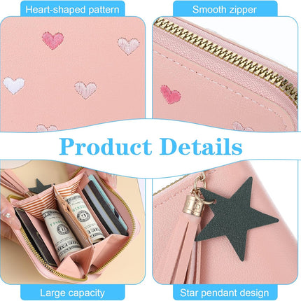 2 PCS Wallets for Girls, Small PU Leather Girls Wallets for Kids 6-8 with Zipper and Card Slots, Cute Credit Card Holder with Heart-embroidery Star Tassels Pendant for Kids Women (Blue, Pink).