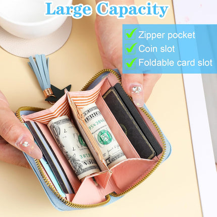 2 PCS Wallets for Girls, Small PU Leather Girls Wallets for Kids 6-8 with Zipper and Card Slots, Cute Credit Card Holder with Heart-embroidery Star Tassels Pendant for Kids Women (Blue, Pink).