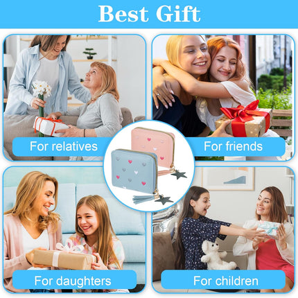 2 PCS Wallets for Girls, Small PU Leather Girls Wallets for Kids 6-8 with Zipper and Card Slots, Cute Credit Card Holder with Heart-embroidery Star Tassels Pendant for Kids Women (Blue, Pink).