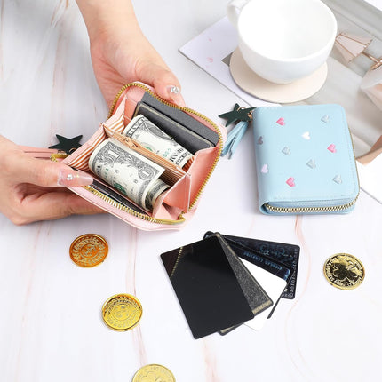 2 PCS Wallets for Girls, Small PU Leather Girls Wallets for Kids 6-8 with Zipper and Card Slots, Cute Credit Card Holder with Heart-embroidery Star Tassels Pendant for Kids Women (Blue, Pink).