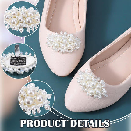 2Pcs Pearl Flower Shoe Clips for Women Dress Shoes, 1.57 x 2.76" White Bridal Wedding Floral Shoes Clips Charms with Crystal Beads Detachable Flower Shoe Buckle Clip for Heels DIY Embellishment.