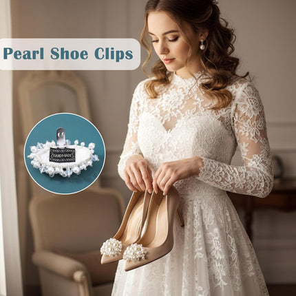 2Pcs Pearl Flower Shoe Clips for Women Dress Shoes, 1.57 x 2.76" White Bridal Wedding Floral Shoes Clips Charms with Crystal Beads Detachable Flower Shoe Buckle Clip for Heels DIY Embellishment.