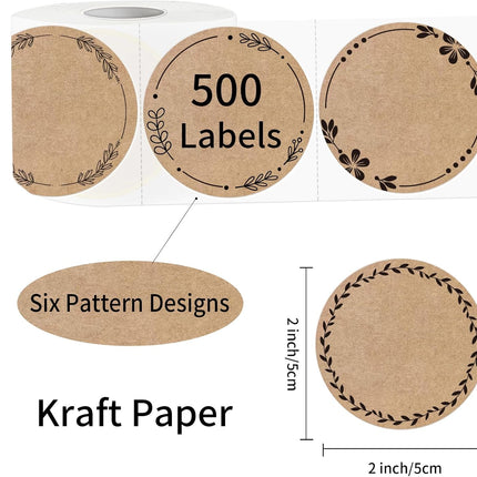 2" Brown Label Stickers for Jars and Lids, Kraft Sticker Labels for Pantry, Mason Jars, Canning, Bottles, 6 Different Drawn Wreath Designs, Kraft Paper/ 500pcs.