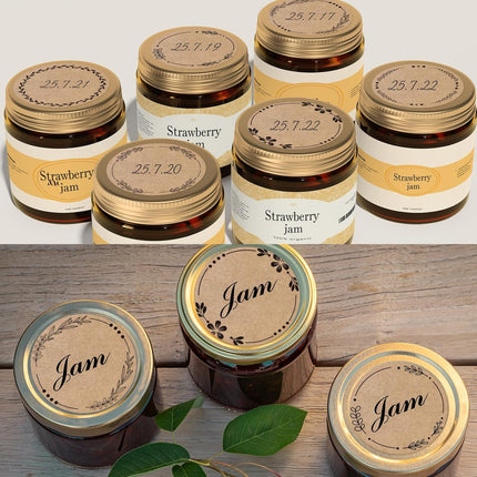 2" Brown Label Stickers for Jars and Lids, Kraft Sticker Labels for Pantry, Mason Jars, Canning, Bottles, 6 Different Drawn Wreath Designs, Kraft Paper/ 500pcs.