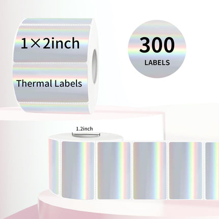 2x1 Inch Holographic Thermal Labels, Silver Glitter Thermal Printer Stickers, Waterproof Self-Adhesive Shipping Label Printer Sticker for Barcode, Name, Address, 300 Labels/Roll.