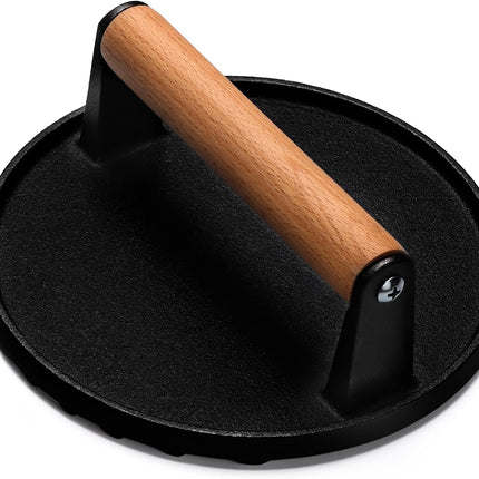 Burger Press, 7" Round Heavy-Duty Cast Iron Smash Bacon Press Meat Steak with Wood Handle for Griddle, Sandwich, Nonstick Pan.
