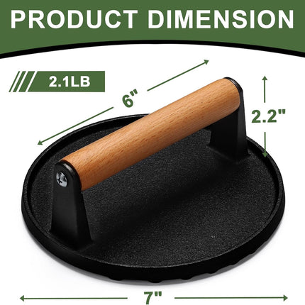 Burger Press, 7" Round Heavy-Duty Cast Iron Smash Bacon Press Meat Steak with Wood Handle for Griddle, Sandwich, Nonstick Pan.