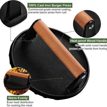 Burger Press, 7" Round Heavy-Duty Cast Iron Smash Bacon Press Meat Steak with Wood Handle for Griddle, Sandwich, Nonstick Pan.