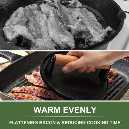 Burger Press, 7" Round Heavy-Duty Cast Iron Smash Bacon Press Meat Steak with Wood Handle for Griddle, Sandwich, Nonstick Pan.