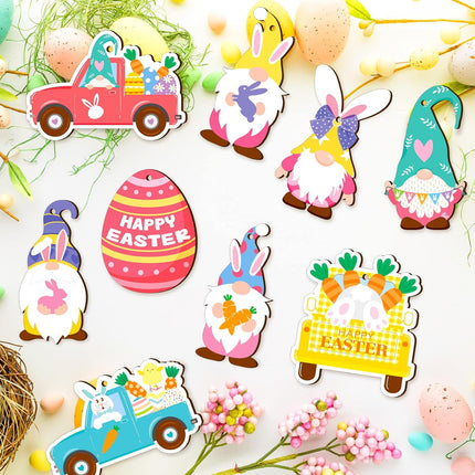 Glenmal 36 Pcs Happy Easter Ornaments for Tree Easter Wooden Hanging Ornaments Egg Bunny Tree Decorations Spring Gnome Chick Wood Slices Pendant with Rope for Home Spring Party Decor.