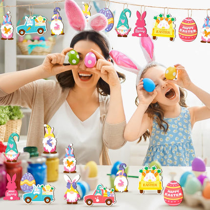 Glenmal 36 Pcs Happy Easter Ornaments for Tree Easter Wooden Hanging Ornaments Egg Bunny Tree Decorations Spring Gnome Chick Wood Slices Pendant with Rope for Home Spring Party Decor.