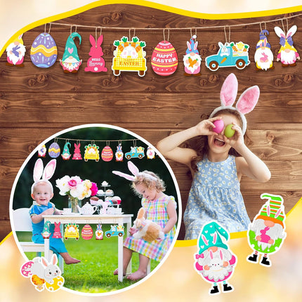 Glenmal 36 Pcs Happy Easter Ornaments for Tree Easter Wooden Hanging Ornaments Egg Bunny Tree Decorations Spring Gnome Chick Wood Slices Pendant with Rope for Home Spring Party Decor.