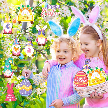 Glenmal 36 Pcs Happy Easter Ornaments for Tree Easter Wooden Hanging Ornaments Egg Bunny Tree Decorations Spring Gnome Chick Wood Slices Pendant with Rope for Home Spring Party Decor.