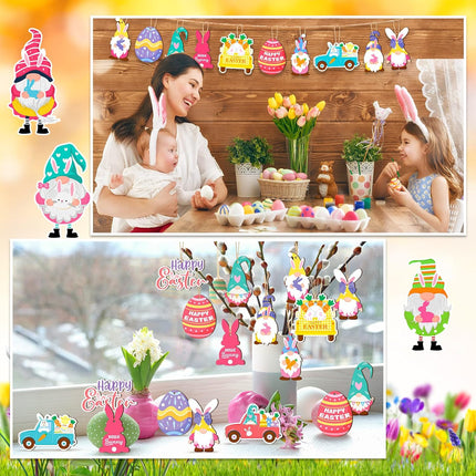 Glenmal 36 Pcs Happy Easter Ornaments for Tree Easter Wooden Hanging Ornaments Egg Bunny Tree Decorations Spring Gnome Chick Wood Slices Pendant with Rope for Home Spring Party Decor.