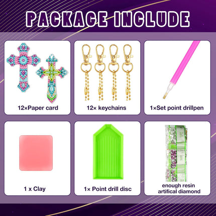 Glenmal 12 Pcs Easter Diamond Painting Keychains Cross Diamond Art Keychains Kits for Adults Religious Crosses Ornaments 5D Key Chain Christian Rhinestones Bookmarks Key Rings for DIY Crafts Gifts.