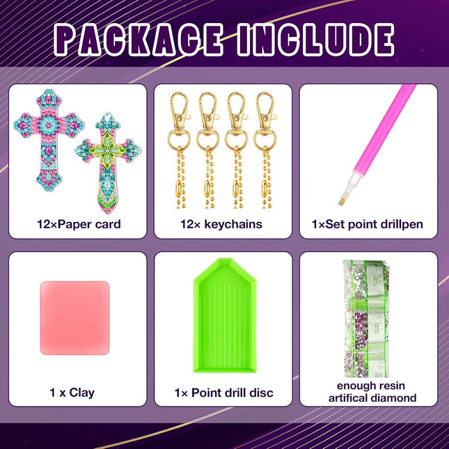 Glenmal 12 Pcs Easter Diamond Painting Keychains Cross Diamond Art Keychains Kits for Adults Religious Crosses Ornaments 5D Key Chain Christian Rhinestones Bookmarks Key Rings for DIY Crafts Gifts.