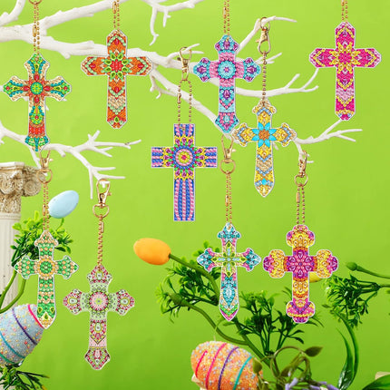 Glenmal 12 Pcs Easter Diamond Painting Keychains Cross Diamond Art Keychains Kits for Adults Religious Crosses Ornaments 5D Key Chain Christian Rhinestones Bookmarks Key Rings for DIY Crafts Gifts.