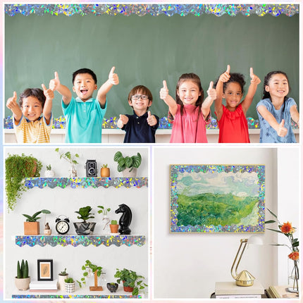 STARLIBOO 60 Feet Bulletin Board Borders, Holographic Scalloped Rolled Border Trim for School, Classroom & Offices.