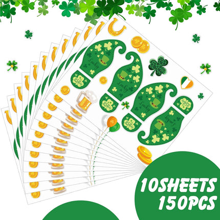 10 Sheets 150 Pcs Leprechaun Footprints Floor Decals Stickers St. Patrick's Day Decorations Shamrock Self Adhesive Shamrock Gold Coin Stickers for Office Home Window Party Supplies.