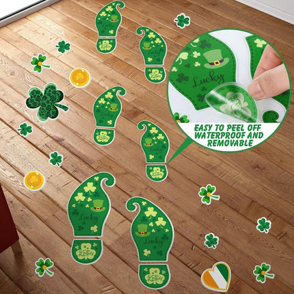 10 Sheets 150 Pcs Leprechaun Footprints Floor Decals Stickers St. Patrick's Day Decorations Shamrock Self Adhesive Shamrock Gold Coin Stickers for Office Home Window Party Supplies.