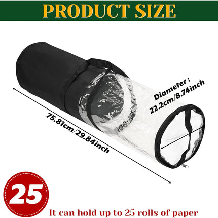 Homakover Clear PVC Christmas Wrapping Paper Organizer Storage, 30" Gift Wrap Organizer Zippered Storage, Fit for 18-25 Rolls (Black).