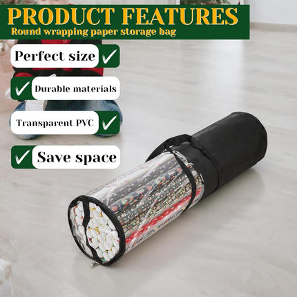 Homakover Clear PVC Christmas Wrapping Paper Organizer Storage, 30" Gift Wrap Organizer Zippered Storage, Fit for 18-25 Rolls (Black).