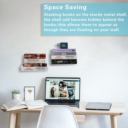 Homakover Invisible Floating Bookshelves, Heavy-Duty Book Organizers, Wall Mounted Bookshelf, Iron Storage Shelves for Bedroom, Living Room, Office (Small) (2 Pieces, White).