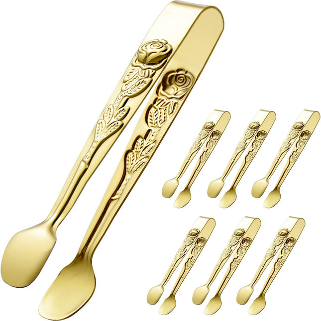 6PCS Mini Serving Tongs 5-Inch Small Rose Sugar Cube Appetizer Tongs, Tiny l Tong for Tea Party, Coffee Bar, Desserts (Gold).