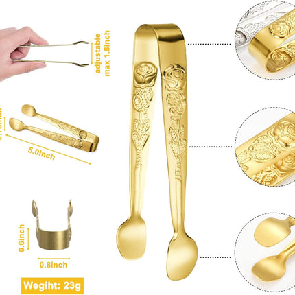 6PCS Mini Serving Tongs 5-Inch Small Rose Sugar Cube Appetizer Tongs, Tiny l Tong for Tea Party, Coffee Bar, Desserts (Gold).